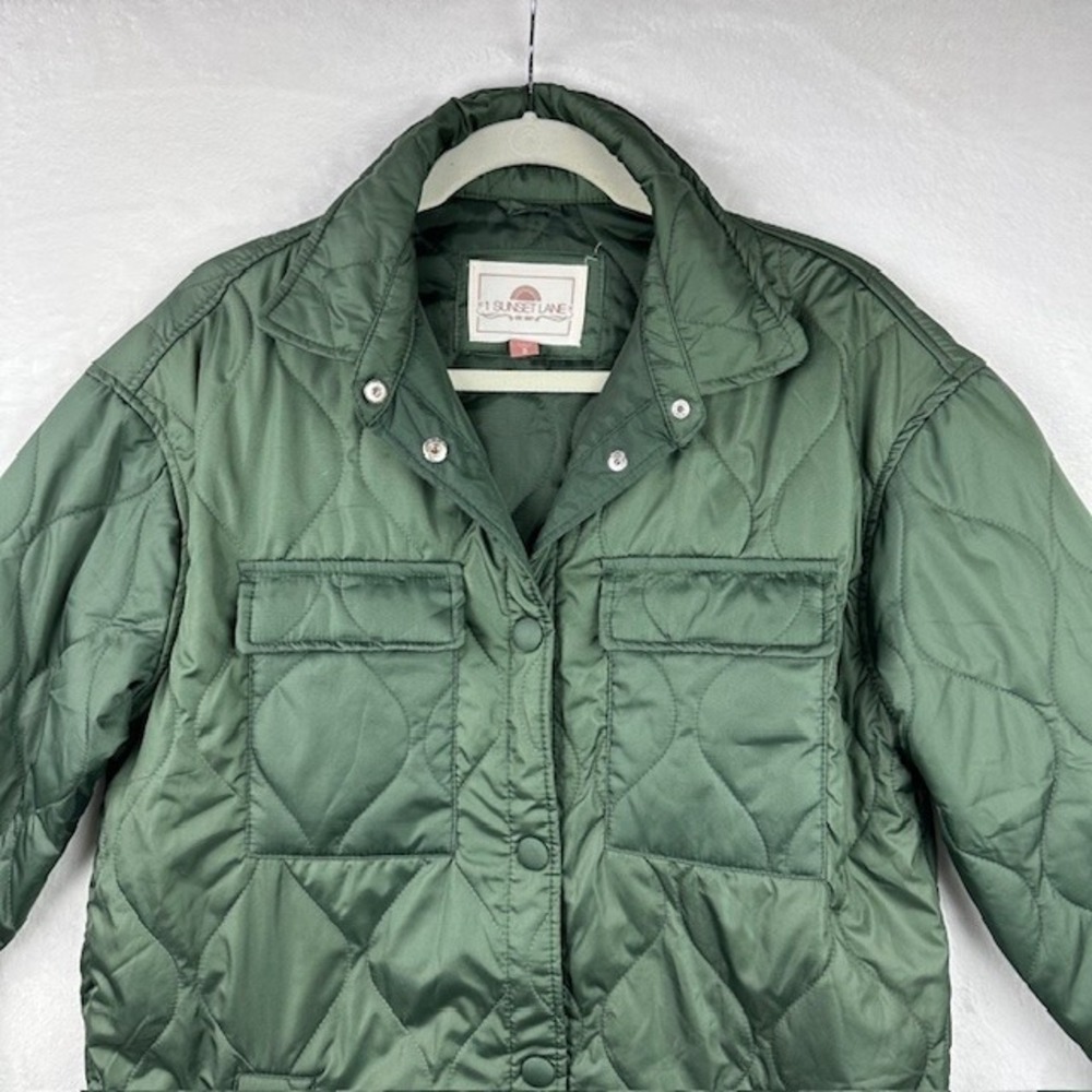 1 Sunset‎ Lane Quilted Puffer Jacket Womens S Dark Green Zip Snap Pockets Winter - Picture 2 of 13